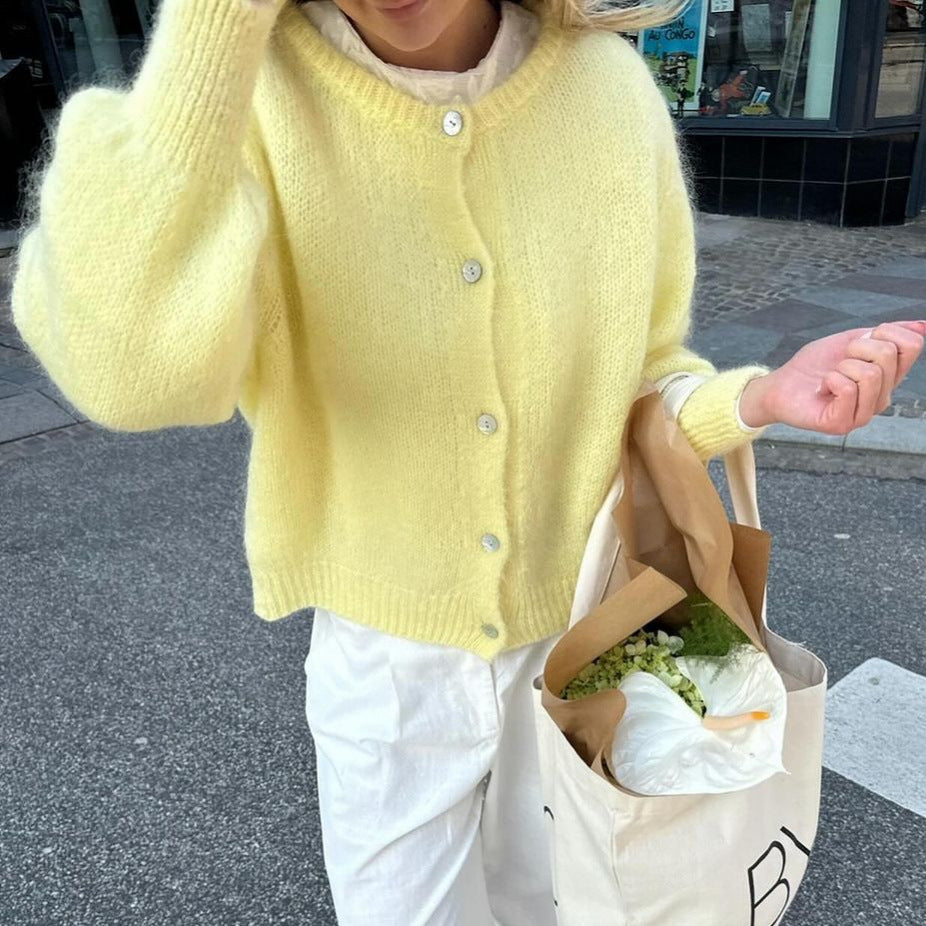 Loose Yellow Sweater Crew Neck Coat Knitted Top